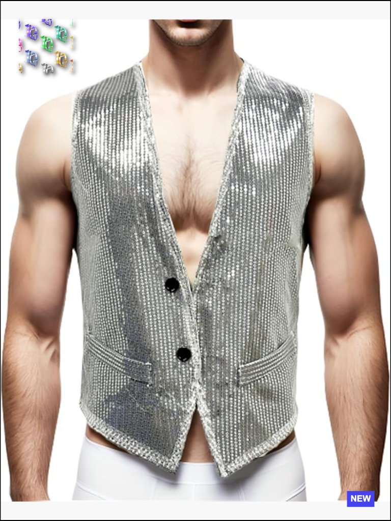Men's Sparkling Sequin Vest Slim Fit V-Neck Waistcoat Party Wedding Prom